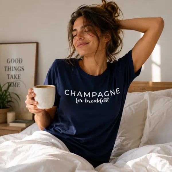 Tee shirt humour bleu marine champagne for breakfast