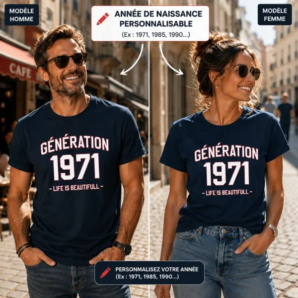 Tee shirt anniversaire année de naissance personnalise generation