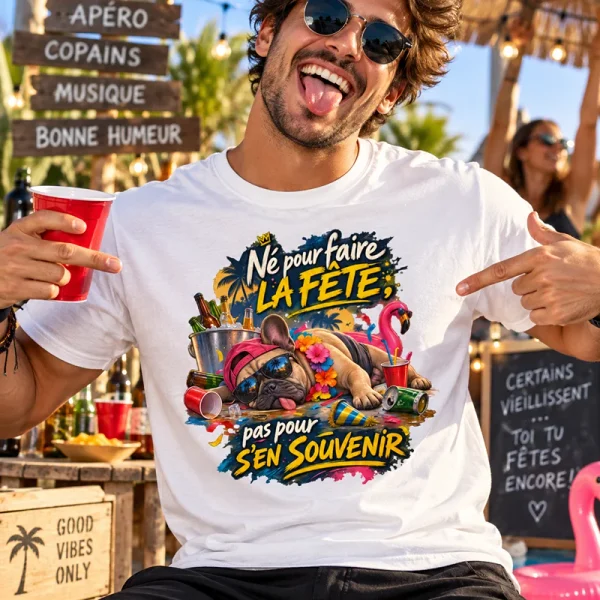 T-shirt blanc Né pour faire la fête avec motif anniversaire humour