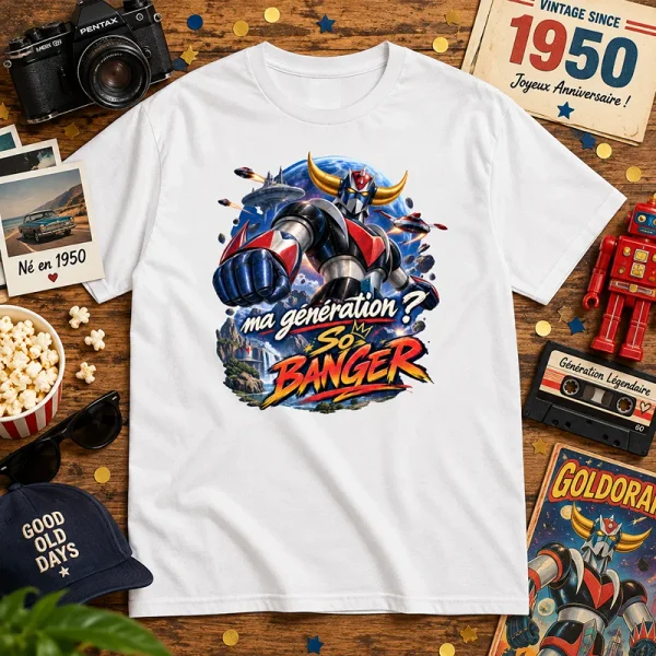 T-shirt blanc Génération So Banger avec motif Goldorak rétro