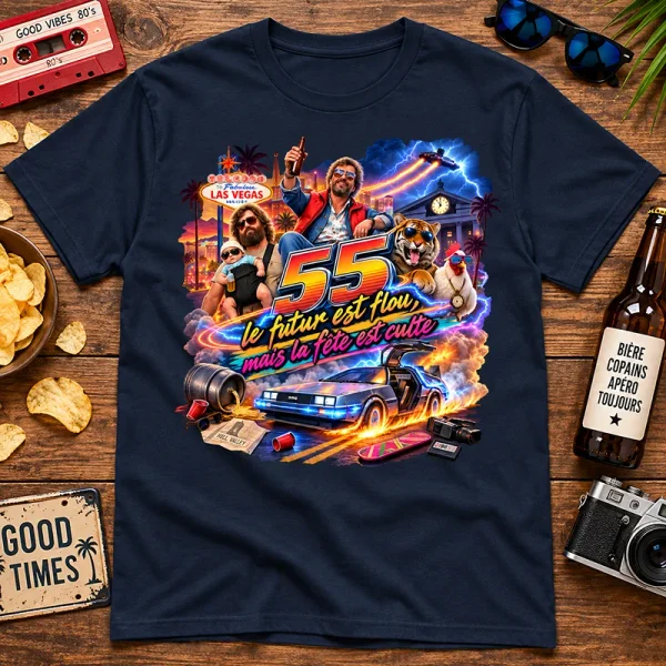T-shirt bleu marine Futur Flou avec motif anniversaire déjanté et âge personnalisable