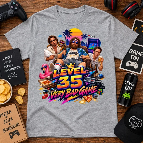 T-shirt gris chiné Level Up avec motif gamer et âge personnalisable