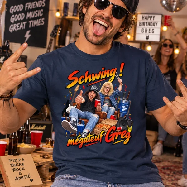 T-shirt anniversaire Mégateuf inspiré de Wayne’s World avec prénom personnalisable