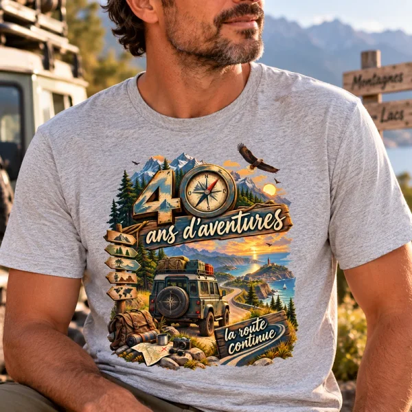 T-shirt gris chiné Baroudeur avec motif aventure et âge personnalisable