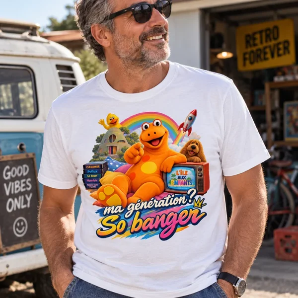 T-shirt blanc Génération So Banger avec motif rétro inspiré de Casimir