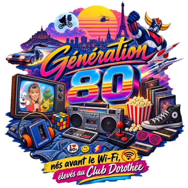 T-shirt blanc Génération 80 avec motif rétro années 80 et Club Dorothée