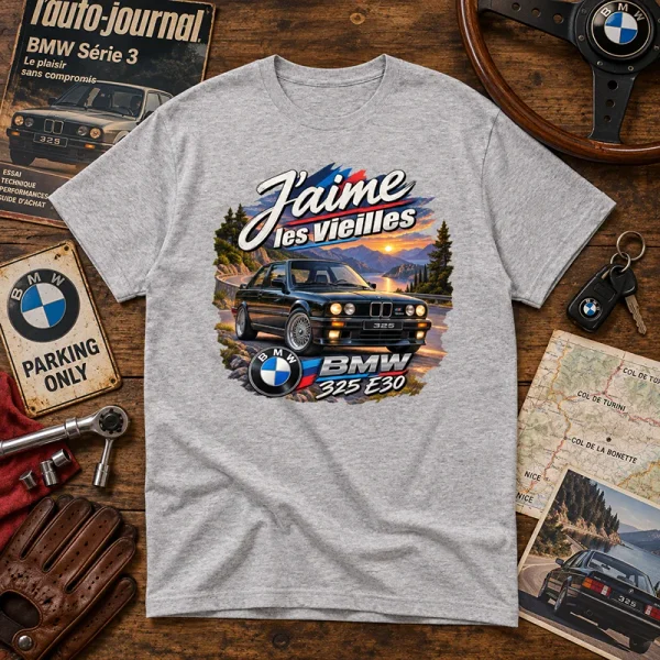 T-shirt gris chiné J’aime les Vieilles avec BMW 325 E30