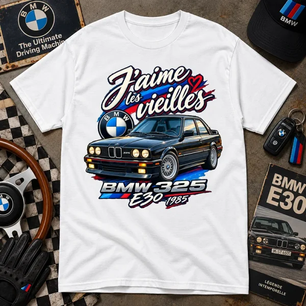T-shirt blanc J’aime les Vieilles avec BMW 325 E30 1985