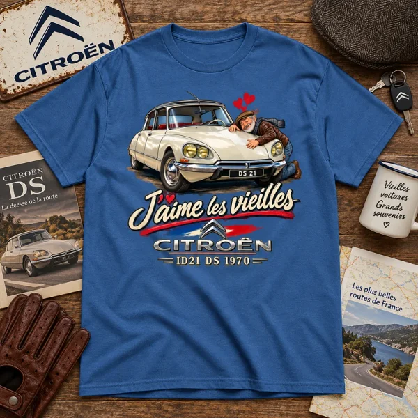 T-shirt bleu J’aime les Vieilles avec Citroën DS ID 21 ancienne