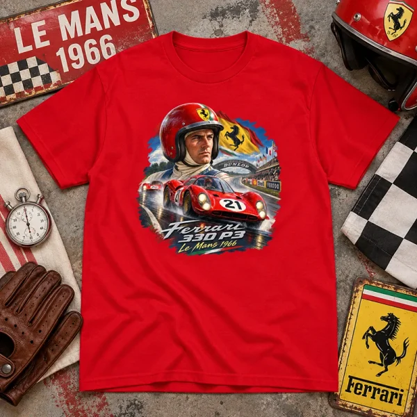 T-shirt rouge Légende du Mans avec Ferrari 330 P3 Le Mans 1966