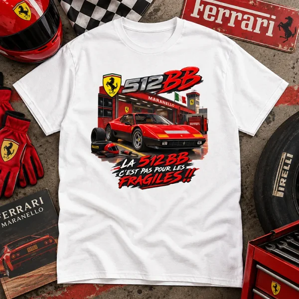 T-shirt blanc Pas pour les Fragiles avec Ferrari 512 BB rouge