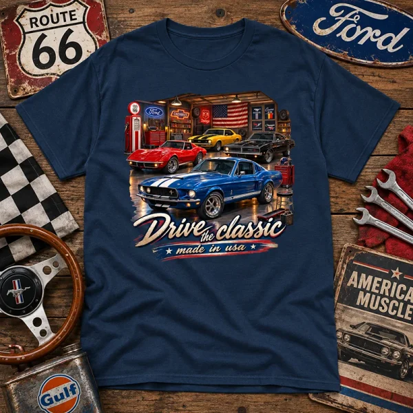 T-shirt bleu marine Drive Classic avec Mustang et muscle cars américaines