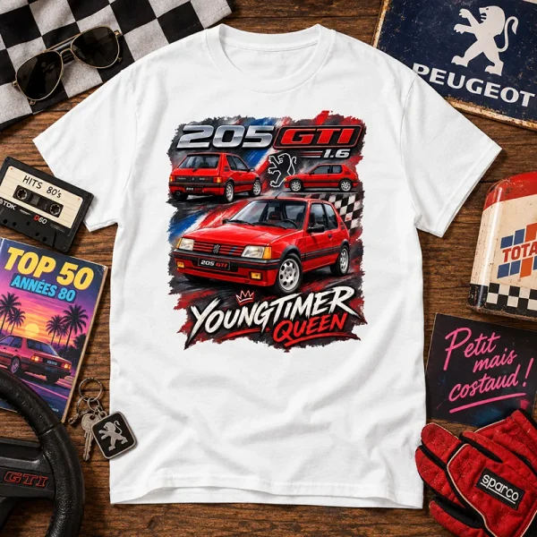 T-shirt blanc Youngtimer Queen avec Peugeot 205 GTI rouge 1.6