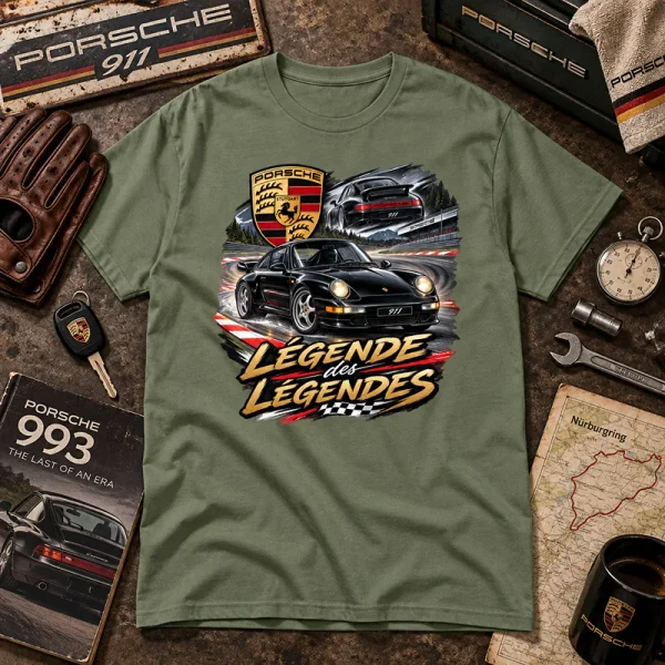 T-shirt vert kaki Légende des Légendes avec Porsche 911 type 993