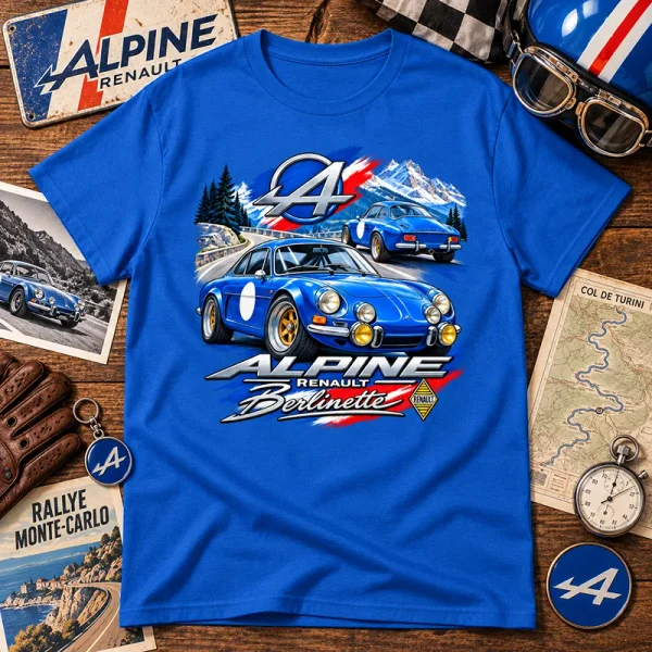 T-shirt bleu Alpine Berlinette avec Renault Alpine A110 et motif rallye