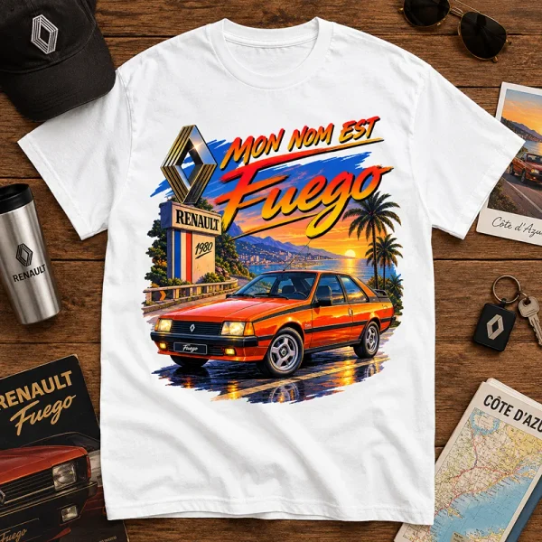 T-shirt blanc Mon Nom est Fuego avec Renault Fuego rouge des années 80