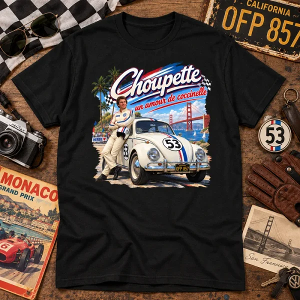 T-shirt Volkswagen Coccinelle Choupette pour les passionnés de voitures de cinéma. Un modèle rétro inspiré de la mythique Coccinelle numéro 53.