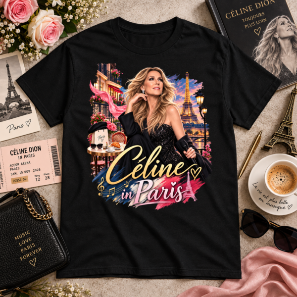 T-shirt noir Céline in Paris avec Céline Dion et Tour Eiffel