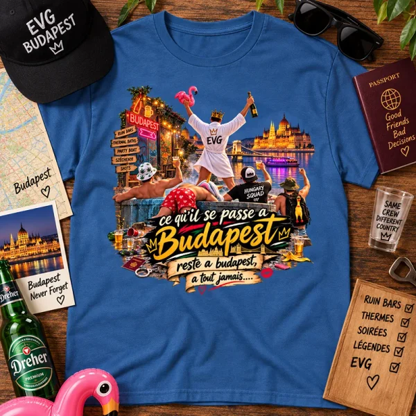 T-shirt bleu EVG Budapest à tout jamais avec futur marié et team de copains