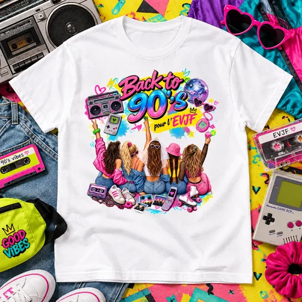 T-shirt blanc EVJF Back to 90's avec motif années 90 et accessoires rétro