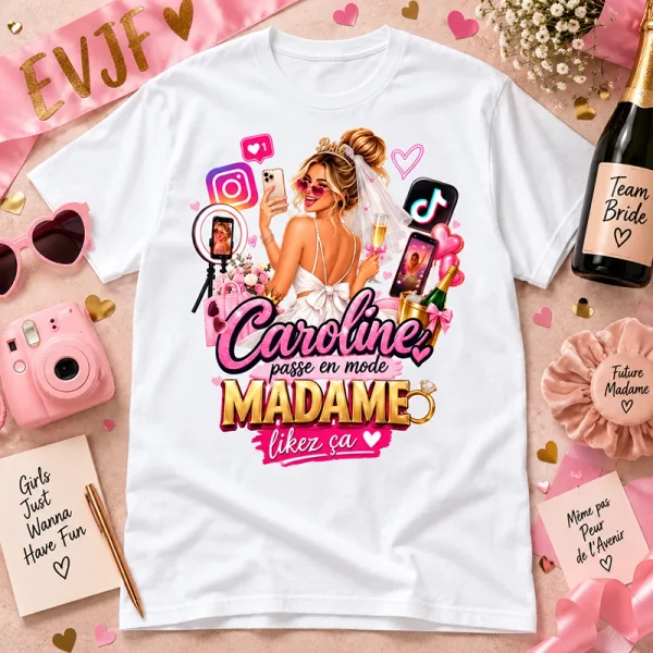 T-shirt blanc EVJF personnalisé avec prénom Mode Madame sur le thème des réseaux sociaux