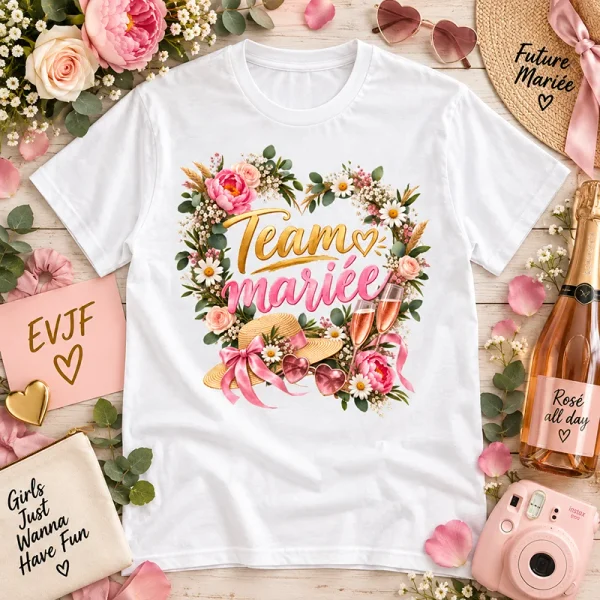 T-shirt blanc Team Mariée avec motif fleuri champêtre pour EVJF