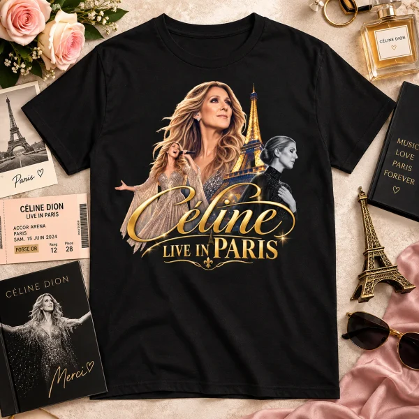 T-shirt fan Céline Dion Live in Paris pour les passionnés de musique. Un modèle élégant et glamour avec Céline Dion et Paris, pensé pour les fans de la chanteuse.