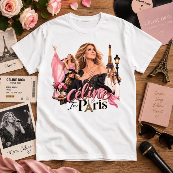 T-shirt blanc Céline in Paris avec Céline Dion et Tour Eiffel