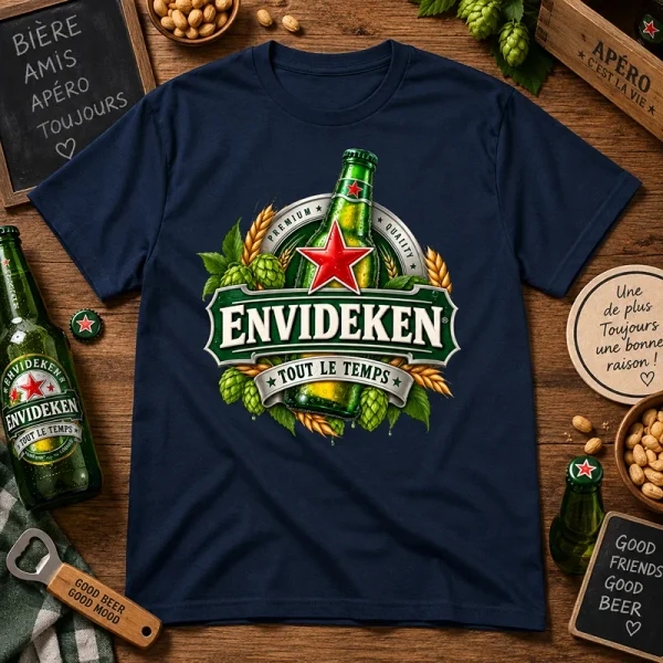 T-shirt bleu marine Envideken avec logo de bière détourné et humour coquin