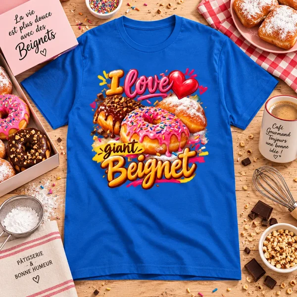 T-shirt bleu I Love Giant Beignet avec motif beignet gourmand et coloré