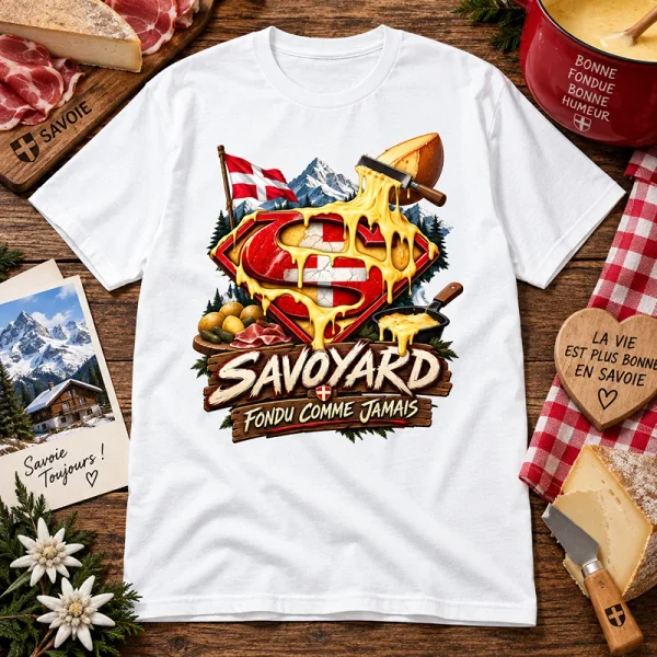 T-shirt blanc Super Savoyard avec logo inspiré de Superman et raclette savoyarde