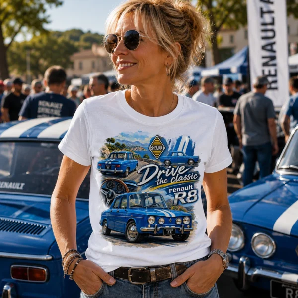 T-shirt blanc Renault 8 vintage porté par une femme lors d'un rassemblement automobile