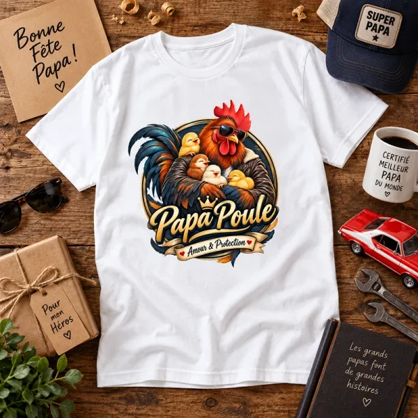 T-shirt Papa Poule avec coq et poussins – cadeau Fête des Pères