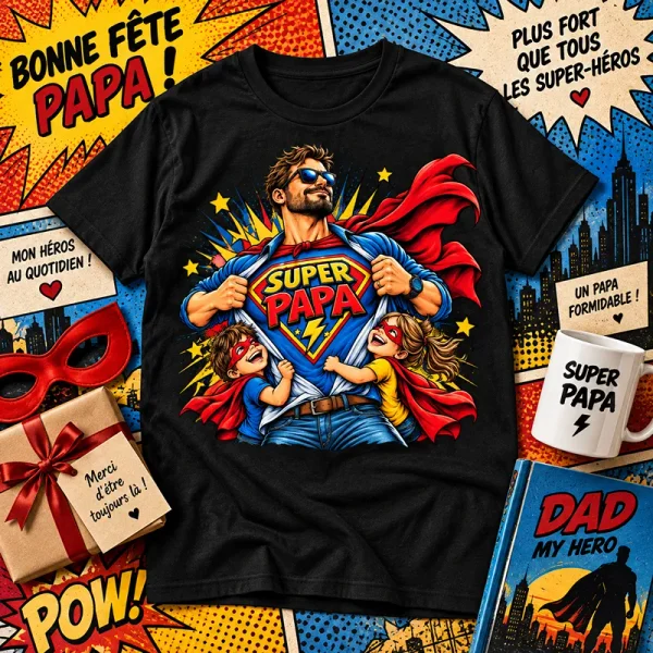 T-shirt Super Papa thème super-héros avec papa et ses enfants